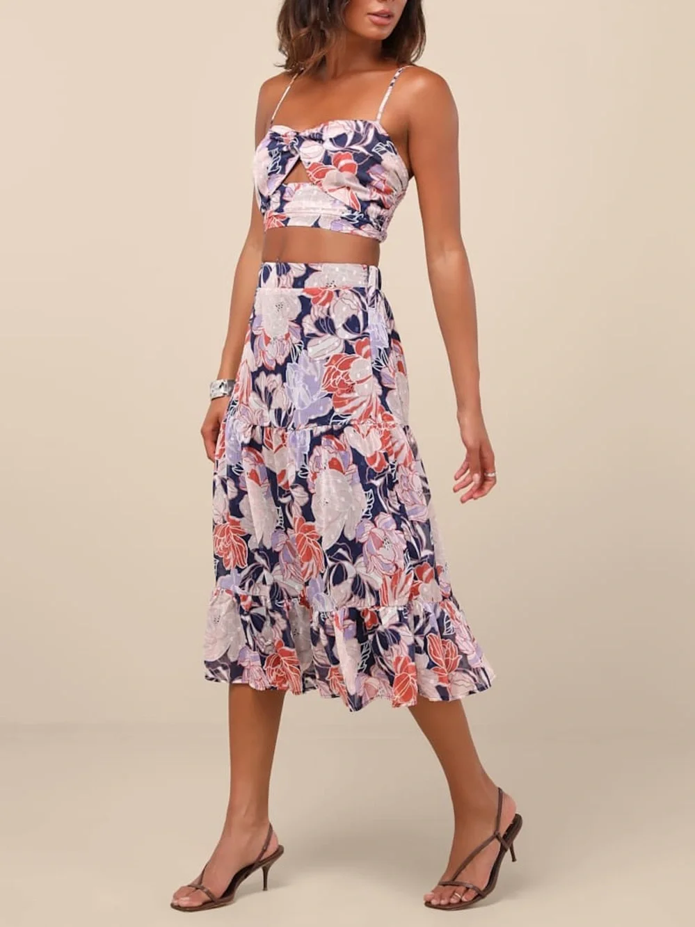 NWT Lulus Floating Through Flowers Multi Floral Two-Piece Midi Dress - Picture 3 of 4
